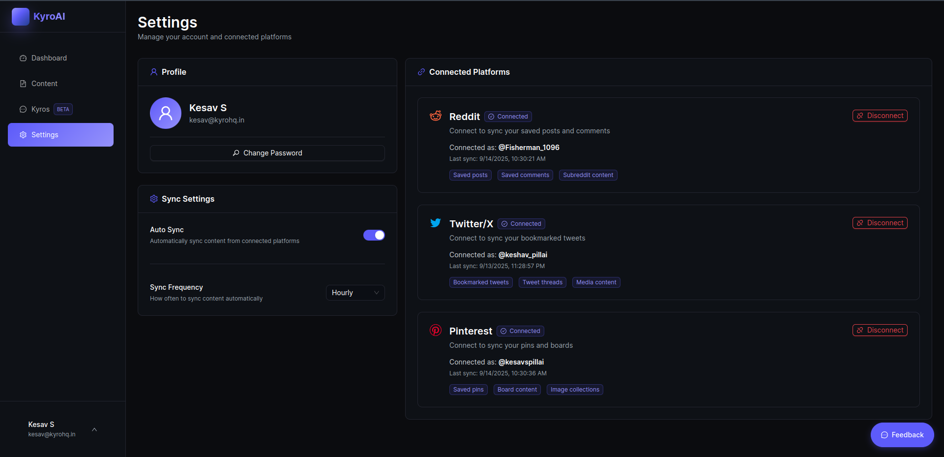 KyroAI Settings - Platform integration and auto-sync configuration